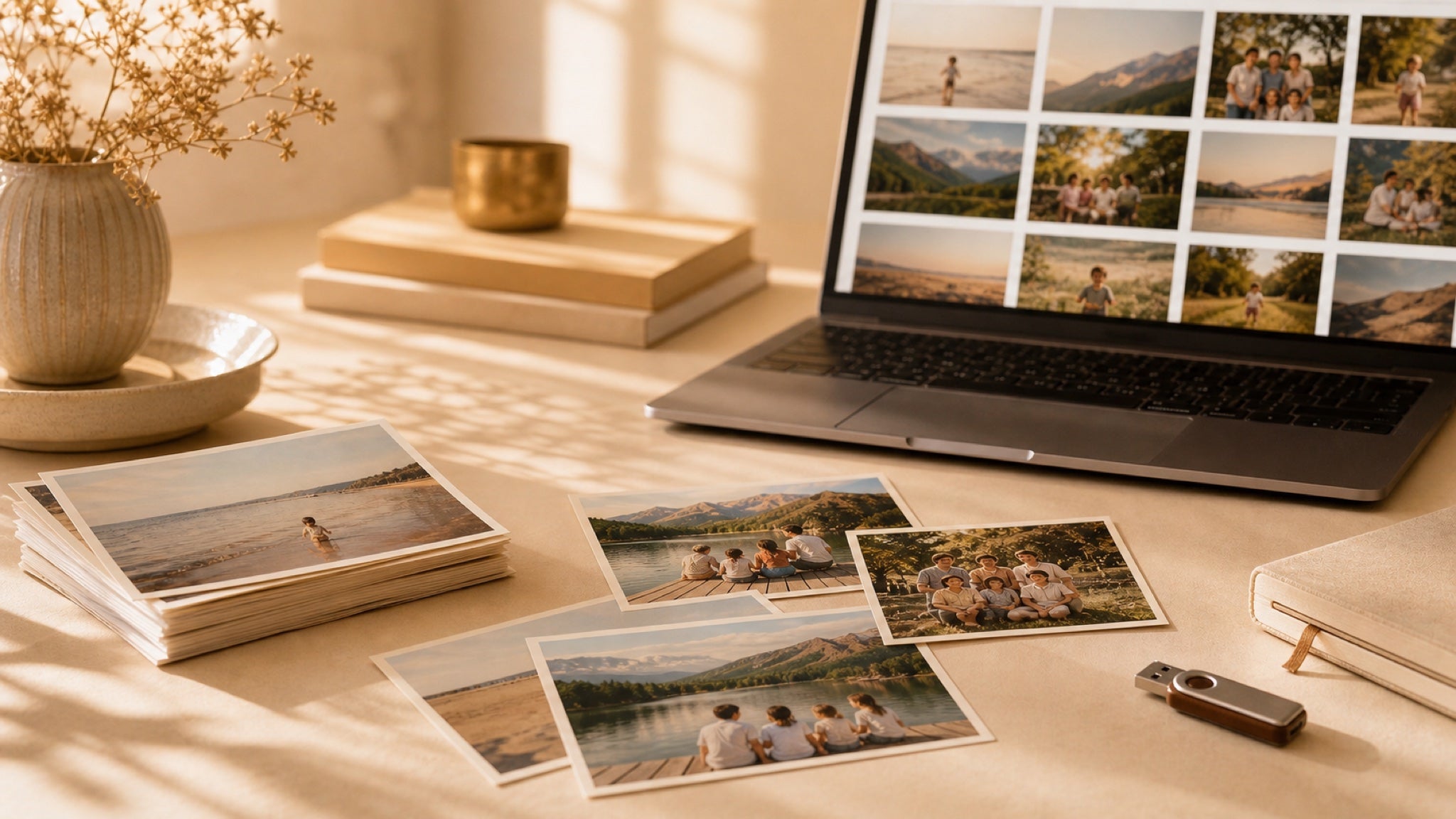 Printed family photos beside a laptop showing a digitised photo gallery